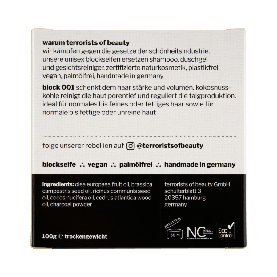 Block 001 hair + face + body - Hartseife - Terrorists of Beauty - tofino.store